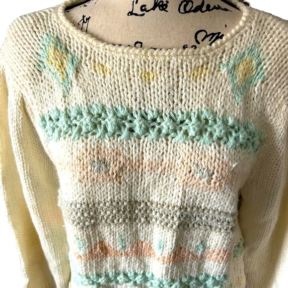 VTG Colter Bay Hand Knit Sweater Women's Pastel  Pattern Puff Sleeve Lrg - Picture 2 of 9